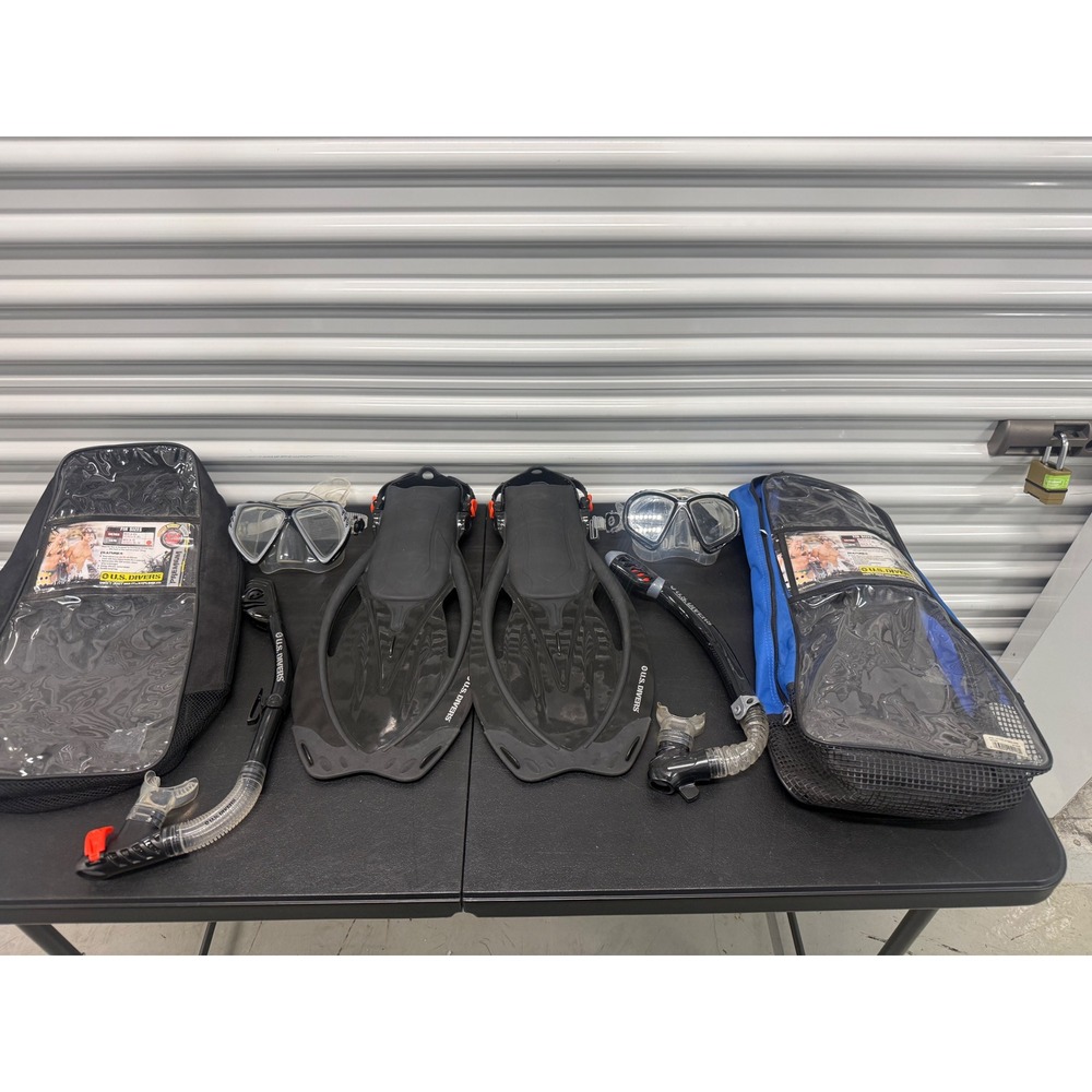 US Divers Snorkel Set Bundle Mens New 9-13 Fins Mask Snorkel Plus Extra Set